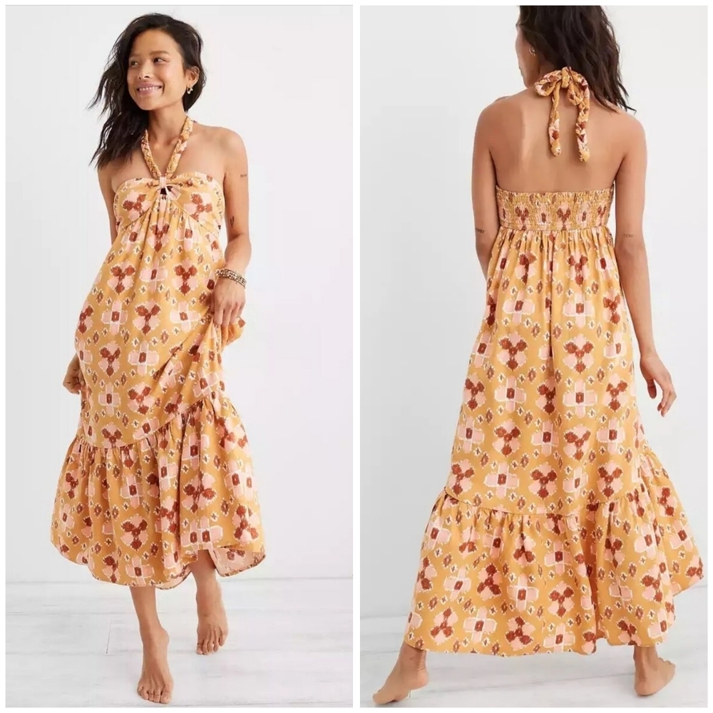 Aerie linen blend braided halter tie midi dress XS